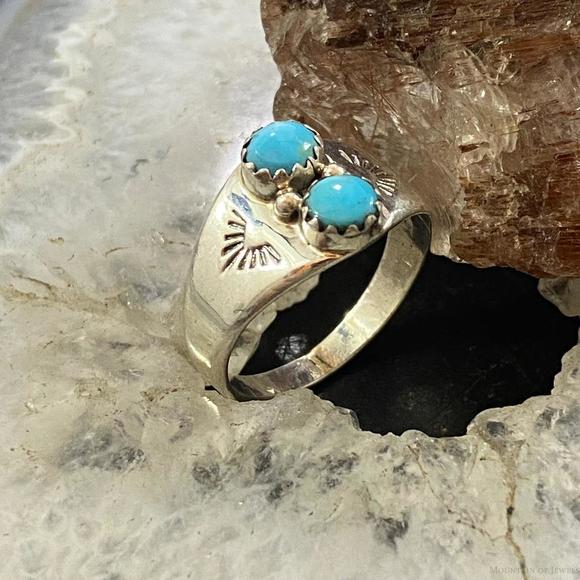 Native American Sterling Double Turquoise Decorated Ring Sz 5/ 6.5 /7.5 / 8 - Picture 3 of 10